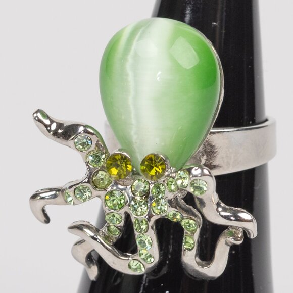 Octopus Ring - Green Rhinestone & Faux Cat's Eye Silver tone adjustable - Picture 4 of 7